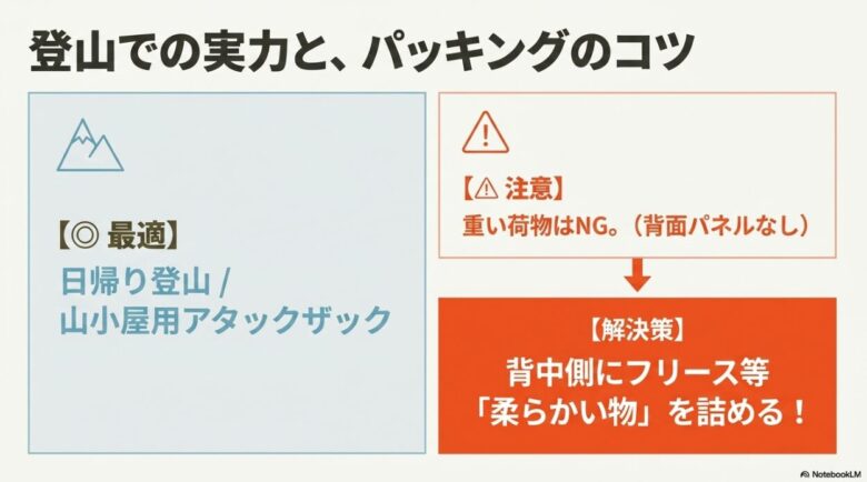 登山での実力とパッキングのコツをまとめたスライド。日帰り登山や山小屋用アタックザックに最適であること、背面パネルがないため重い荷物はNGであること、解決策として背中側にフリースなど柔らかい物を詰めるコツが解説されています。