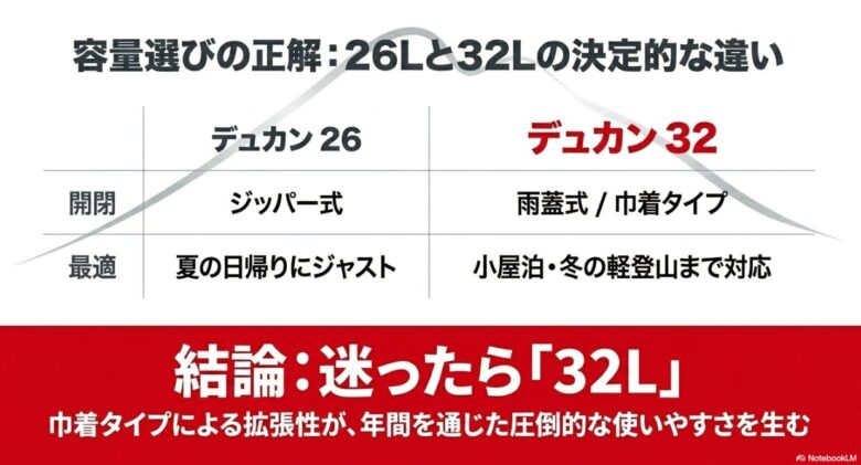 デュカン26と32の比較表。26Lはジッパー式で夏の日帰り向き、32Lは雨蓋・巾着タイプで小屋泊や冬まで対応。結論として拡張性のある32Lを推奨する内容