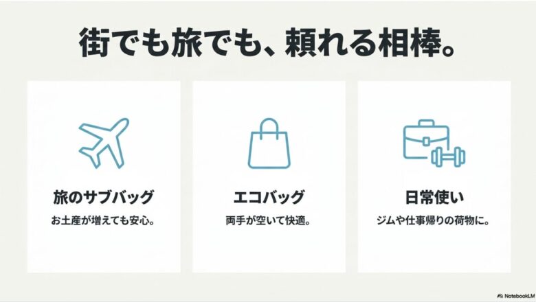 日常や旅先での活用シーンをまとめたスライド。お土産が増えても安心な「旅のサブバッグ」、両手が空いて快適な「エコバッグ」、ジムや仕事帰りの荷物に最適な「日常使い」の3つの用途が提案されています。