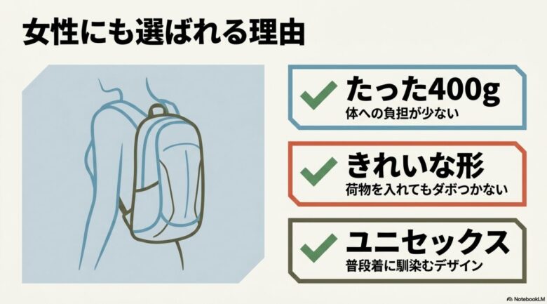 インアンドアウト19が女性にも選ばれる理由を解説したスライド。小柄な体型にもフィットする軽量さやデザイン性について記載されています。