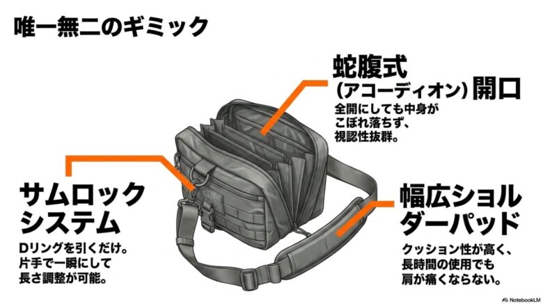 ディストリクト8の機能特徴スライド。蛇腹式アコーディオン開口、サムロックシステム、幅広ショルダーパッドの3つのギミック解説。