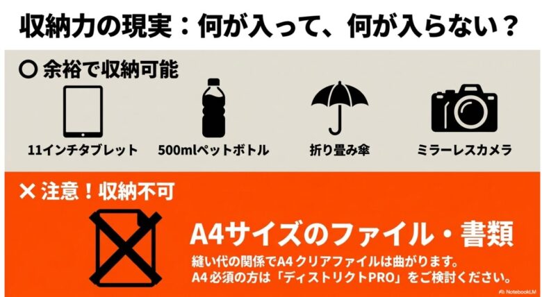 ディストリクト8の収納力検証スライド。11インチタブレットや500mlペットボトルは余裕で収納可能だが、A4サイズは入らないという現実を解説