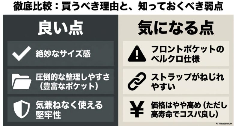 ディストリクト8のメリット（サイズ感、整理しやすさ、堅牢性）とデメリット（ベルクロ仕様、ストラップのねじれ、価格）を徹底比較したまとめスライド。