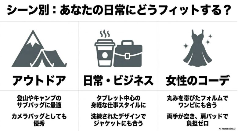 ディストリクト8の利用シーン別まとめスライド。アウトドア（カメラ・サブバッグ）、日常・ビジネス（タブレット・ジャケット）、女性コーデ（ワンピース・肩の負担軽減）への適性を紹介