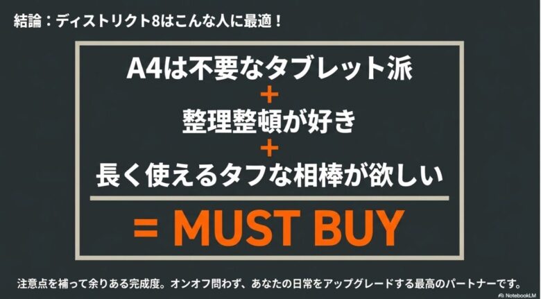 ディストリクト8の最終結論スライド。A4不要のタブレット派、整理整頓が好き、タフな相棒が欲しい人に最適。日常をアップグレードする最高のパートナーであると結論。
