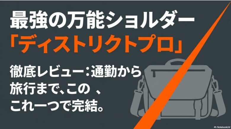 ミステリーランチの万能ショルダーバッグ「ディストリクトプロ」徹底レビューの表紙スライド。「通勤から旅行まで、これ一つで完結」の文字