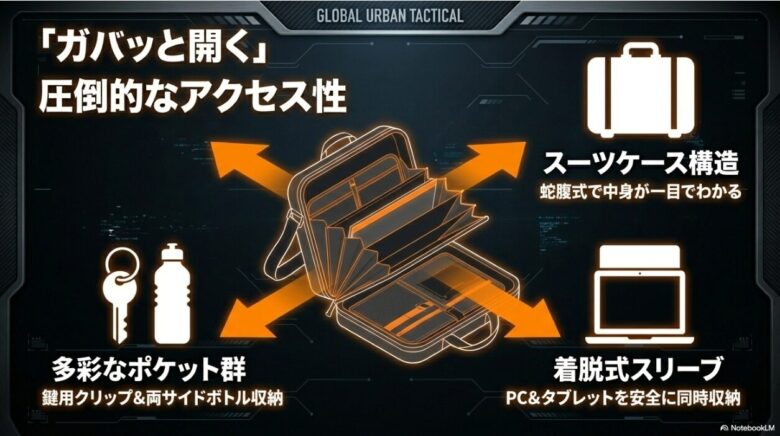 ガバッと開く圧倒的なアクセス性を説明するスライド。スーツケース構造の蛇腹式、多彩なポケット群、着脱式スリーブでPCとタブレットを安全に同時収納。