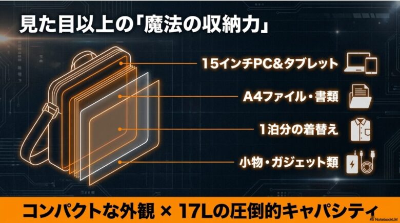 ディストリクトプロの収納力を示すスリーブ。15インチPC&タブレット、A4ファイル・書類、1泊分の着替え、小物・ガジェット類を圧倒的キャパシティで収納可能