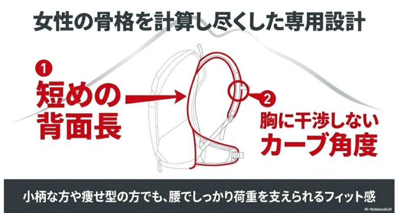 ウィメンズモデルの特徴。短めの背面長と、胸に干渉しないショルダーハーネスのカーブ角度により、小柄な方でも腰で荷重を支えられる設計の解説