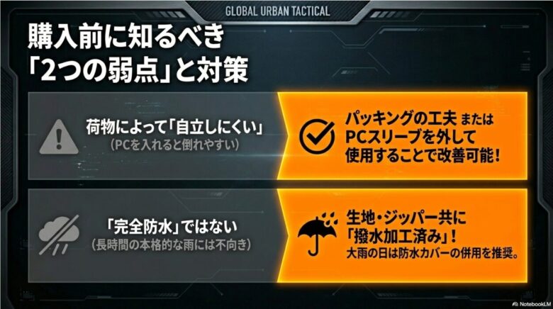 購入前に知るべき2つの弱点と対策。荷物により自立しにくい点はパッキングやスリーブ取り外しで改善、完全防水ではない点は大雨時の防水カバー併用を推奨。