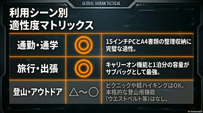 利用シーン別適性度マトリックス。通勤・通学、旅行、出張には完璧な適性とサブバッグとしての強みを持つが、登山・アウトドアはウエストベルトがなく本格登山には不向き。