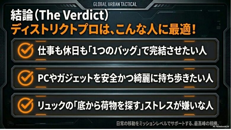 ディストリクトプロの結論スライド。仕事も休日も1つのバッグで完結させたい人、PCやガジェットを綺麗に持ち歩きたい人、底から荷物を探すストレスが嫌いな人に最適