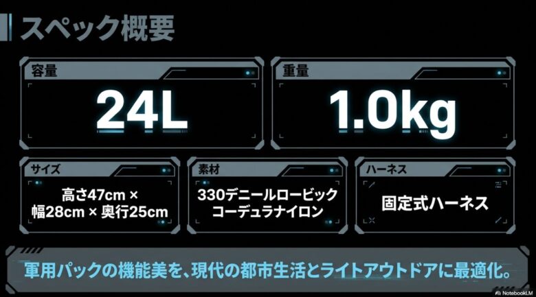 ミステリーランチ リップラック24のスペック概要スライド。容量24L、重量1.0kg、サイズ高さ47cm×幅28cm×奥行25cm、330デニールロービックコーデュラナイロン素材、固定式ハーネスという基本情報が記載されています