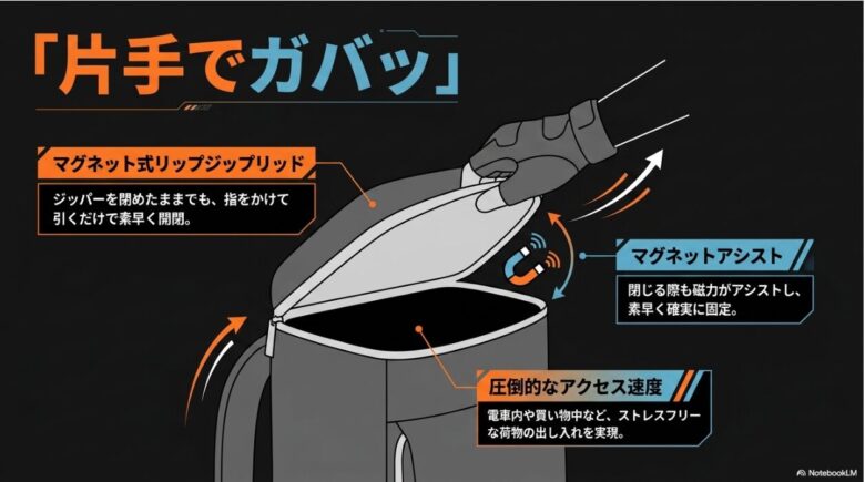 片手でガバッと開閉できるマグネット式リップジップリッドの解説スライド。指をかけて引くだけの素早い開閉、磁力による閉鎖アシスト、圧倒的なアクセス速度でストレスフリーな荷物の出し入れを実現する特徴がまとめられています