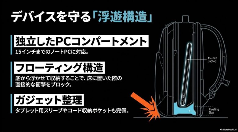 デバイスを守る浮遊構造(フローティング構造)の解説スライド。15インチまでのノートPCに対応する独立したコンパートメント、床に置いた際の衝撃をブロックする構造、タブレット用スリーブやコード収納などのガジェット整理機能が記載されています