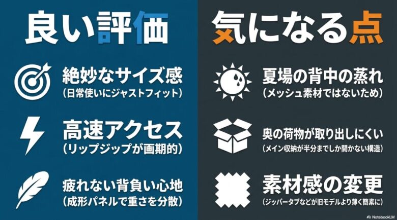 リップラック24の良い評判と気になる点のまとめスライド。良い点として絶妙なサイズ感、高速アクセス、疲れない背負い心地、気になる点として夏場の背中の蒸れ、奥の荷物の取り出しにくさ、素材感の変更が挙げられています。