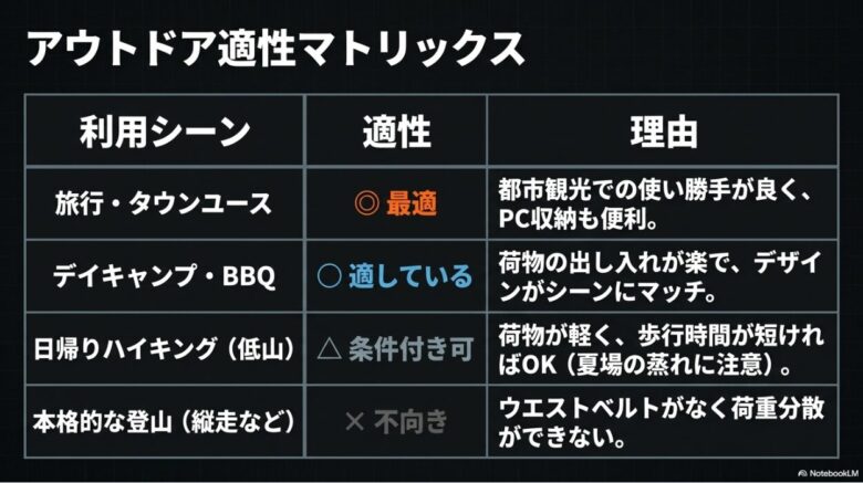 リップラック24のアウトドア適性マトリックススライド。旅行・タウンユースは◎最適、デイキャンプ・BBQは◯適している、日帰りハイキング(低山)は△条件付き可、本格的な登山(縦走など)は×不向き、という評価とそれぞれの理由が表で解説されています