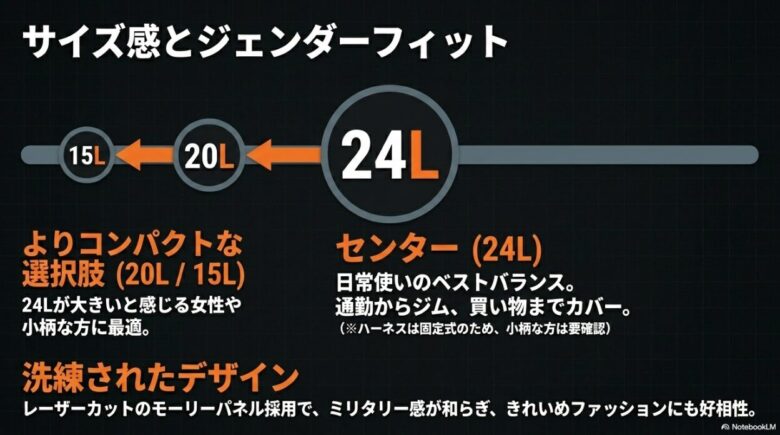 サイズ感とジェンダーフィットの解説スライド。日常使いのベストバランスである24L(中央)に加え、小柄な方向けのコンパクトな選択肢として20Lと15Lを紹介。レーザーカットのモーリーパネル採用できれいめファッションにも好相性であると記載されています。