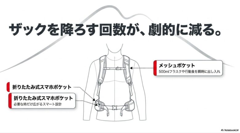 ポケット機能の紹介。折りたたみ式スマホポケットや、500mlフラスク・行動食を瞬時に出し入れできるショルダーのメッシュポケットの図解
