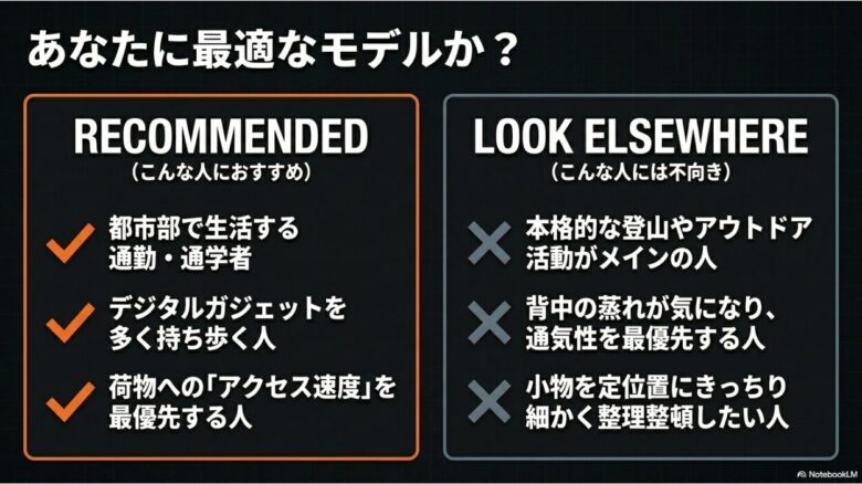 リップラック24がおすすめな人と不向きな人の判断基準スライド。通勤・通学者やガジェットを多く持ち歩く人、アクセス速度最優先の人におすすめする一方、本格アウトドアメインの人、通気性最優先の人、細かく整理整頓したい人には不向きと解説しています