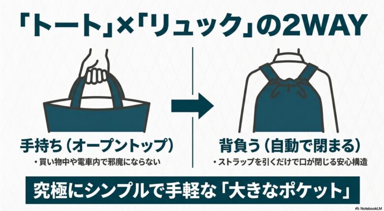 ミステリーランチのブーティーバッグの2WAY構造を示すイラスト。手持ちのオープントップ状態と、背負うことで自動的に口が閉まる安心構造の仕組みを解説。
