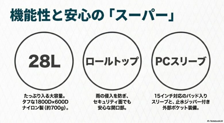 ミステリーランチのスーパーブーティー(28L)の特徴。15インチ対応のPCスリーブ、止水ジッパー付き外部ポケット、雨の侵入を防ぐロールトップ開口部、タフなナイロン製の解説。