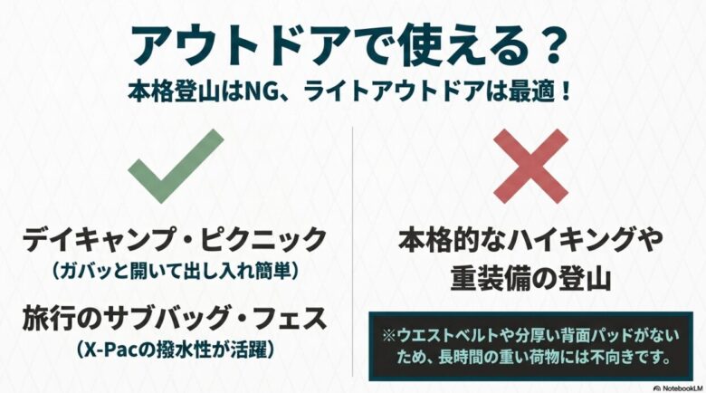 ブーティーバッグの登山・アウトドア適性の解説。本格登山はNG(ウエストベルトや厚い背面パッドがないため)、デイキャンプやピクニック、旅行のサブバッグやフェスなどのライトアウトドアには最適であることを示すバツ印のグラフィック。