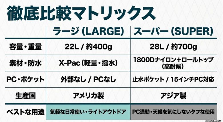 ブーティーバッグラージとスーパーブーティーの徹底比較表。容量、重量、素材・防水、PC・ポケット、生産国、ベストな用途の違いをまとめたマトリックス図。