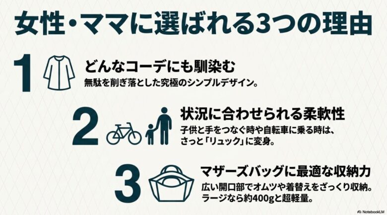 女性やママにブーティーバッグが選ばれる3つの理由。どんなコーデにも馴染む究極のシンプルデザイン、状況に合わせられる柔軟な2WAY、オムツや着替えが入るマザーズバッグに最適な収納力のまとめ。