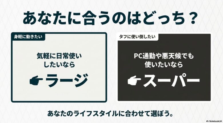 ライフスタイルに合わせた選び方のガイド。身軽に動きたい・気軽に日常使いならラージ、タフに使い倒したい・PC通勤や悪天候でも使いたいならスーパーを推奨するフロー。