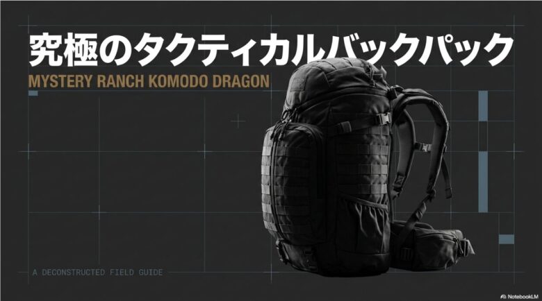 ミステリーランチのコモドドラゴンの概要スライド。究極のタクティカルバックパック、3デイアサルトを拡張したプロ仕様で容量38L、重量2.1kg、500D CORDURAナイロン採用と記載。