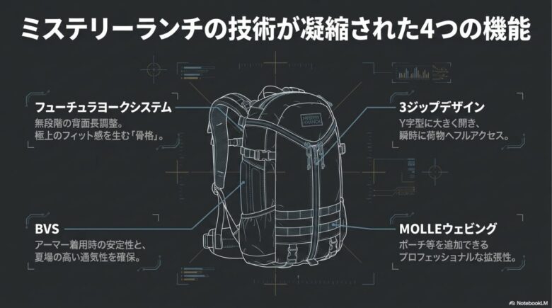 コモドドラゴンの4つの主要機能の解説スライド。フューチュラヨークシステム、3ジップデザイン、BVS、MOLLEウェビングの配置と特徴をイラストで図解