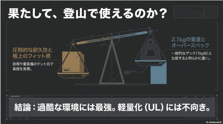 登山での使用を想定した天秤のイラストスライド。耐久性とフィット感のメリット(真価を発揮)と、2.1kgの重量(軽量化には不向き)のデメリットを比較