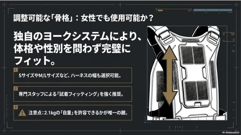 コモドドラゴンの背面長調整と女性の使用に関するスライド。独自のヨークシステムで体格を問わずフィットすること、ハーネス幅の選択、試着の推奨と自重2.1kgの注意点を記載。