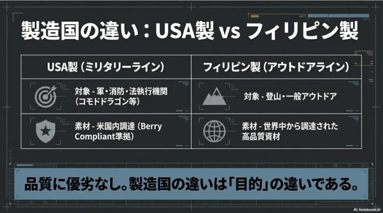 ミステリーランチの製造国の違い(USA製とフィリピン製)を解説するスライド。ミリタリーラインとアウトドアラインの対象や素材の違いを示し、品質に優劣はなく目的の違いであると説明