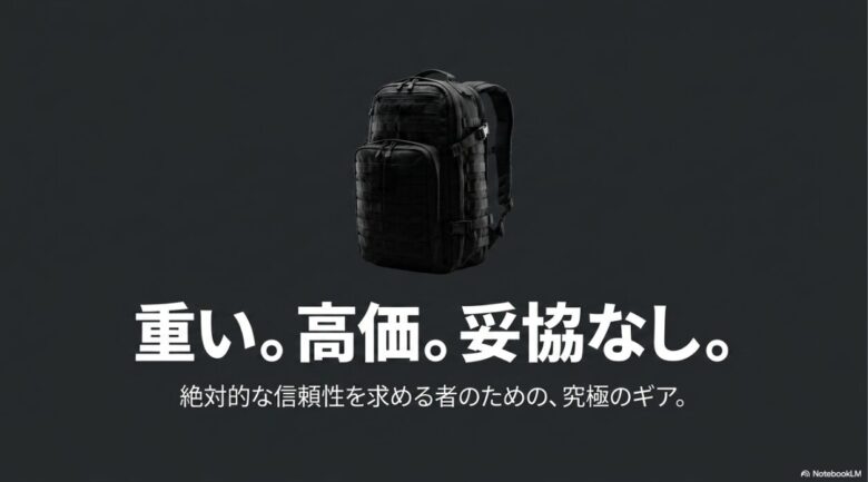 コモドドラゴンのブラックカラーの物撮り画像スライド。「重い。高価。妥協なし。絶対的な信頼性を求める者のための、究極のギア。」というキャッチコピー