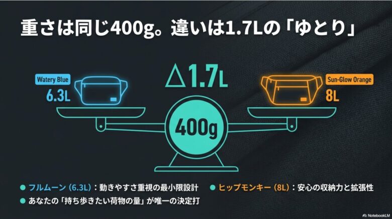 天秤のイラストを用いたフルムーンとヒップモンキーの比較。重さはどちらも同じ400g、容量はフルムーンが6.3L、ヒップモンキーが8Lで、1.7Lの差があることを示す図解。