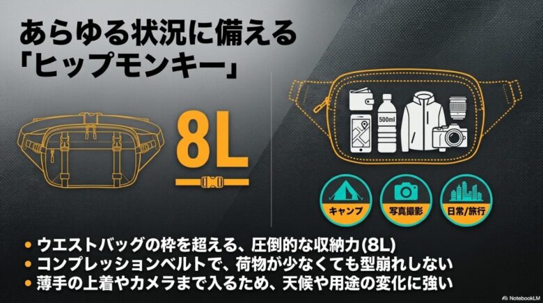 あらゆる状況に備えるヒップモンキーの解説。容量8Lで財布、スマホ、500mlボトルに加えて薄手の上着やカメラまで入る収納力があり、キャンプ、写真撮影、日常・旅行に最適であることを示す図解