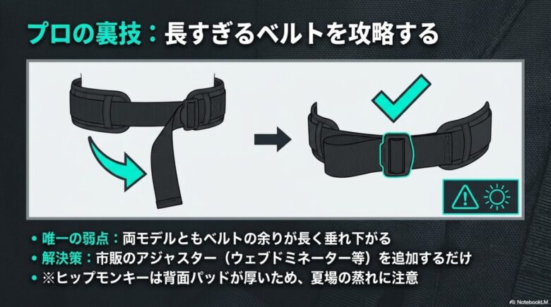 プロの裏技として長すぎるウエストベルトを攻略する方法。市販のアジャスター(ウェブドミネーター等)を追加して、余ったベルトをすっきりとまとめる手順のイラスト。