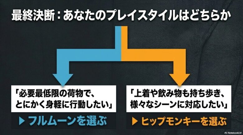最終決断を促すスライド。「必要最低限の荷物で身軽に行動したい」ならフルムーンを、「上着や飲み物も持ち歩き様々なシーンに対応したい」ならヒップモンキーを選ぶという、プレイスタイルに応じた選び方のまとめ