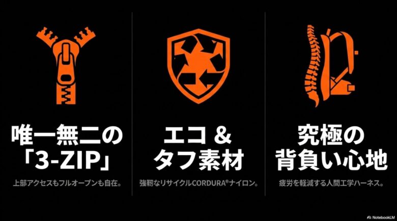 3-ZIPアクセス、エコでタフな素材、人間工学に基づいたハーネスの説明図