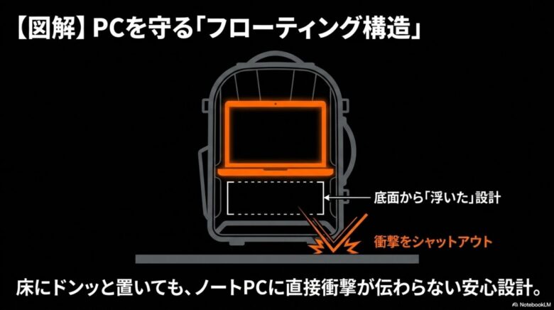 底面から浮かせた設計でPCへの衝撃を遮断するフローティング構造の図解