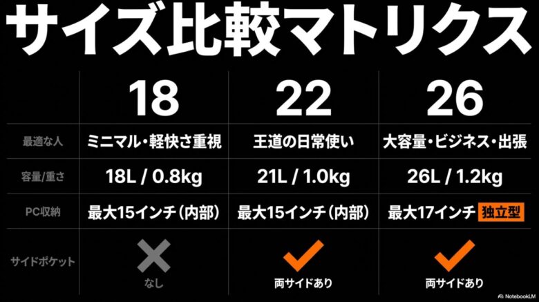 カタリストシリーズ3モデルの容量、サイズ、おすすめターゲットの比較マトリクス表