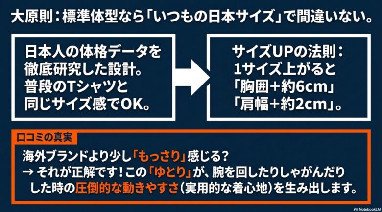 日本人の体格データを研究した設計で、1サイズ上がると胸囲約6cm、肩幅約2cmアップする法則と、実用的な「ゆとり」の重要性を解説するスライド