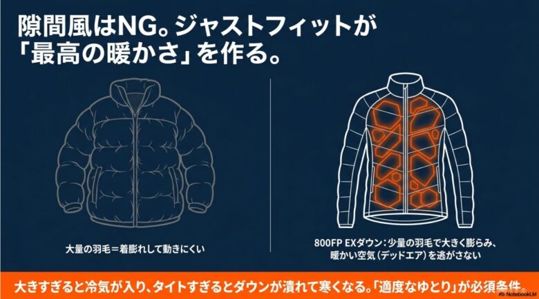 800FP EXダウンの保温力を活かすため、冷気の侵入を防ぐジャストフィットの重要性と、大きすぎ・タイトすぎのデメリットを比較した図解