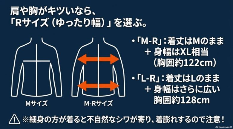 通常のMサイズとM-Rサイズを比較し、着丈はそのままで身幅のみXL相当(胸囲約122cm)に広がる設計を示した解説図