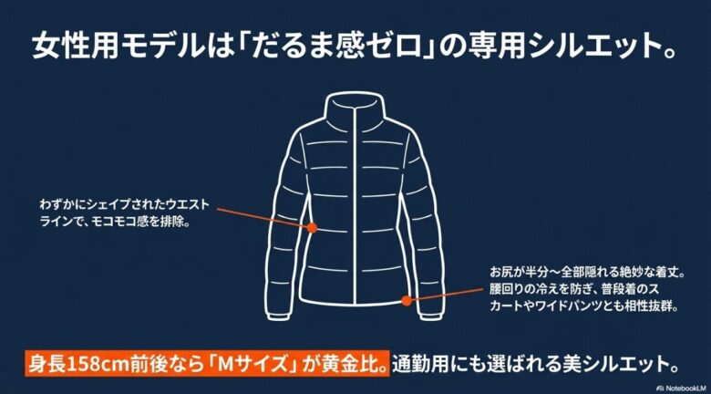ウエストラインをシェイプして「だるま感」を排除し、お尻が隠れる絶妙な着丈で美シルエットを実現する女性用モデルの解説スライド
