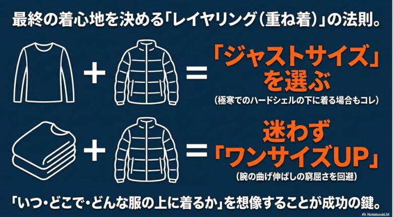 インナーが薄手なら「ジャストサイズ」、厚手なら「ワンサイズUP」を推奨する、レイヤリングとサイズ選択の法則図