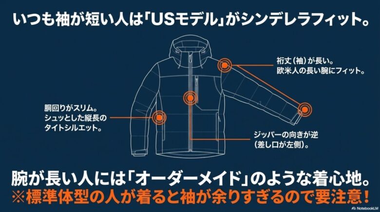 欧米人向けに袖が長く胴回りがスリムなUSモデルの特性と、ジッパーの向きが日本モデルと逆であることを説明するスライド