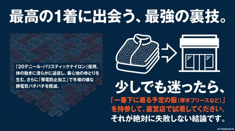 動きに追従する20デニール・バリスティックナイロンの特性と、厚手フリースを持参して直営店で試着することを勧める最終アドバイススライド